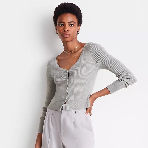 LOFT Versa Ribbed V-Neck Cardigan Frosted Sage Green Size S - Picture 12 of 13